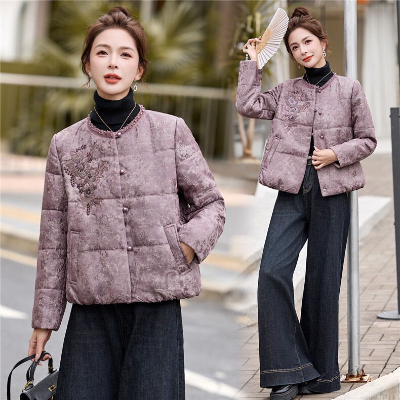 新中式刺绣棉衣外套女2025秋冬新款刺绣钉珠洋气绵羊毛棉服外套潮，女装棉衣/棉服，拾衣