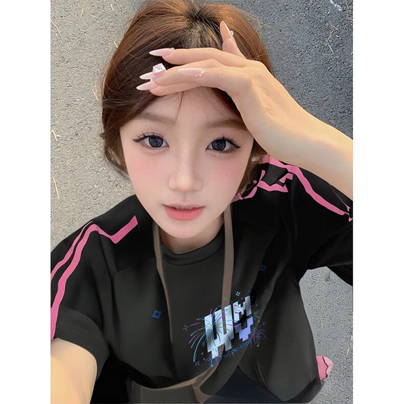 抖音得物品质二开240克宽松纯棉美式潮牌印花三条杠中性风短袖T恤,男装T恤,电商A486