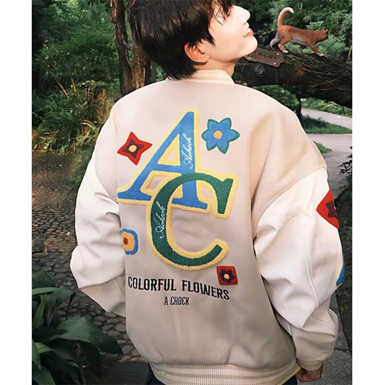 复古毛巾绣拼色棒球服男女款秋季宽松情侣百搭夹克外套JKA02,男装夹克,星座1116A（原606A-3）