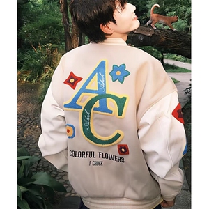 复古毛巾绣拼色棒球服男女款秋季宽松情侣百搭夹克外套 JKA02图片
