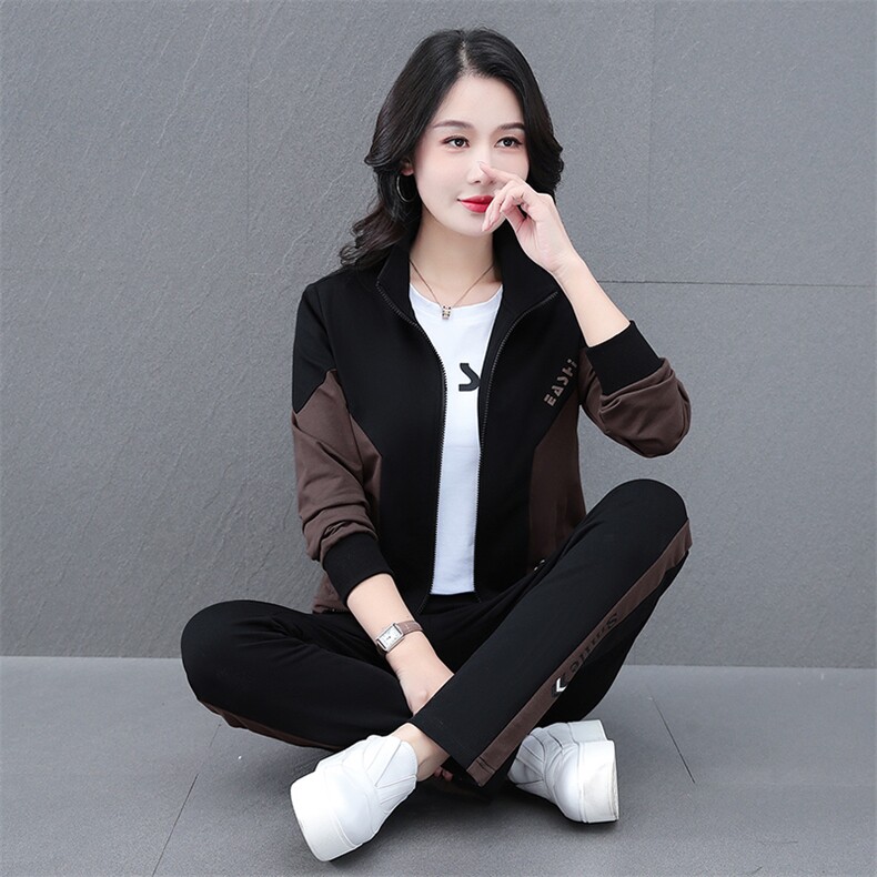 高档运动服套装女装2025春秋季新款休闲拼接长袖开衫卫衣三件套,女装套装/套裙,燕颉服饰