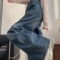 美式高街复古设计感工装牛仔裤女新款高腰显瘦潮牌开叉拉链直筒裤，男装牛仔裤，星座1210-1