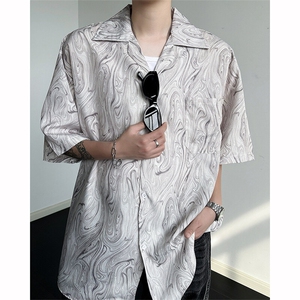 8XL-M 冰丝古着感波浪纹短袖衬衫男宽松休闲沙滩古巴领衬衣CS528图片