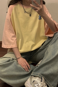 1中性风插肩袖S立体贴标T恤女大码SM-5XL短袖T恤男DT8777P28控49图片