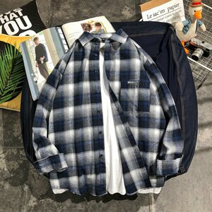 磨毛格子长袖衬衫外套韩版潮流ins超火休闲衬衣男DF05T图片