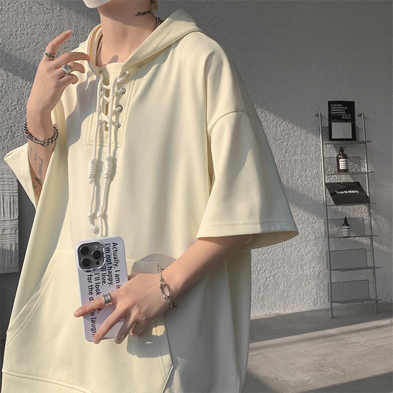 现货 T10113-特批35 控68 夏季新款设计感连帽短袖百搭大码T恤图片