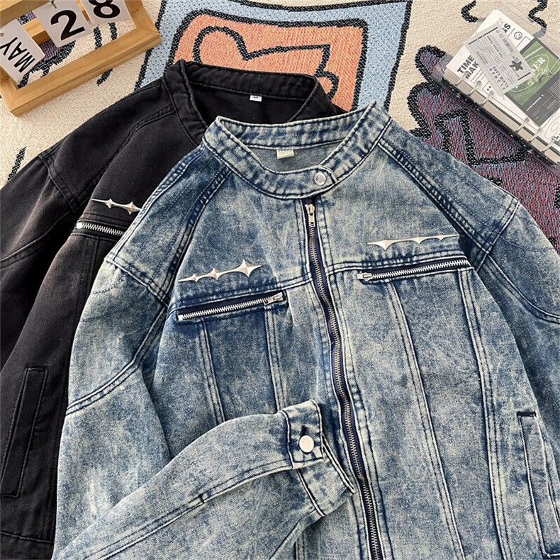 复古做旧水洗垫肩短款拼接牛仔外套金属设计感夹克JN1224-P78有货，男装夹克，星座302B
