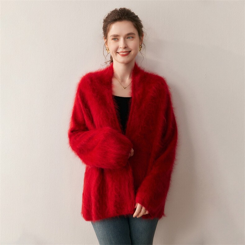 慵懒拉绒一粒扣100%纯山羊绒开衫女加厚宽松气质2025秋冬针织外套图片
