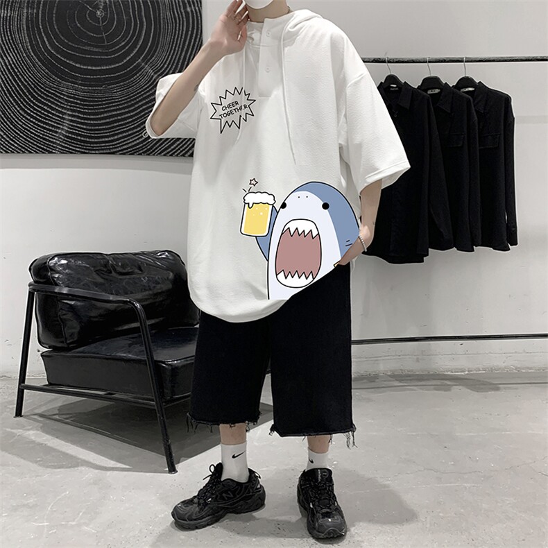 LD54137-P45连帽短袖t恤男大码胖子带帽五分袖中袖大皂风,男装T恤,电商A040