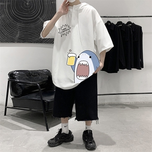 LD54137-P45 连帽短袖t恤男大码胖子带帽五分袖中袖 大皂风图片
