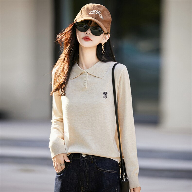 复古polo领小狗刺绣针织衫长袖薄款秋外穿翻领小衫上衣毛衣打底衫，女装针织衫/毛衣，菲奥羊绒