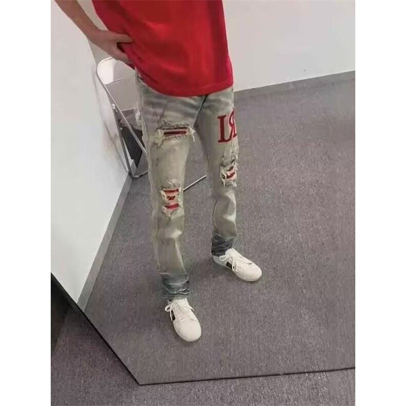 网络图破洞贴布牛仔裤高街美式修身显瘦休闲直筒牛仔裤,男装牛仔裤,星座410-7