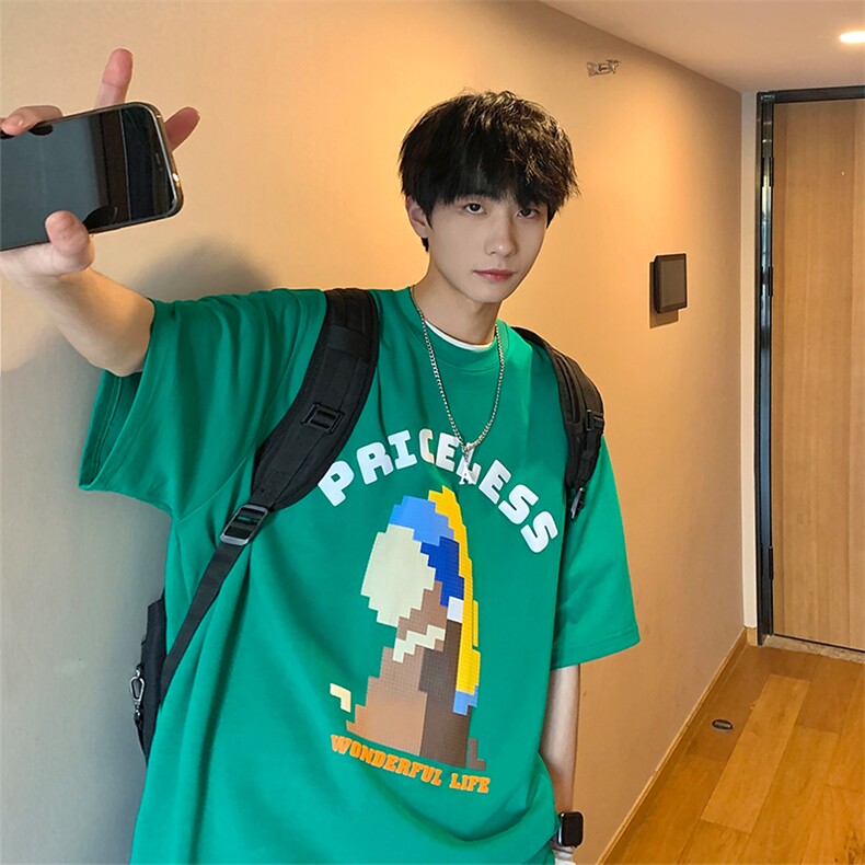 2024夏新款港风个性马赛克印花宽松圆领短袖T恤上衣T2232-P48，男装T恤，星座914-3