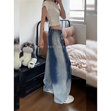 阔腿牛仔裤女秋季2025年新款高腰渐变宽松拖地直筒弯刀裤子，男装牛仔裤，星座813-2