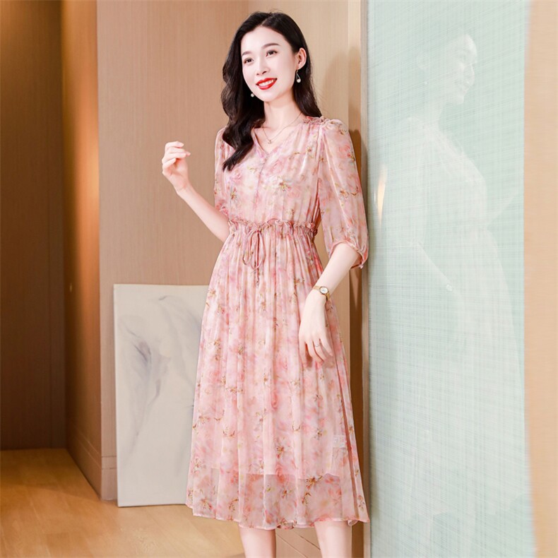 真丝连衣裙2025夏季新款大码女装衣服桑蚕丝高端精致气质碎花裙子,女装连衣裙,阿舍尔精品
