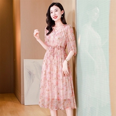 真丝连衣裙2025夏季新款大码女装衣服桑蚕丝高端精致气质碎花裙子，女装连衣裙，阿舍尔精品