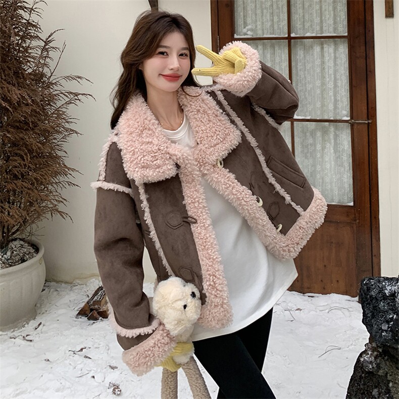 2025冬季新款粉色羊羔毛外套203-8825-P205-K268，女装羊羔毛/颗粒绒，帛锦泉