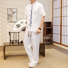 潮风套装男新中式短袖衬衫时尚休闲长裤两件套JZ303-P63，男装T恤，星座310B-3