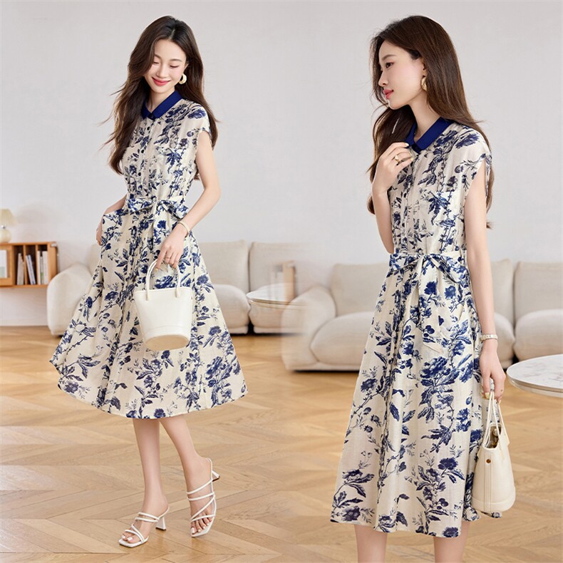 复古碎花天丝麻连衣裙女2025夏新款时尚撞色翻领收腰气质衬衫裙子，女装连衣裙，关键词