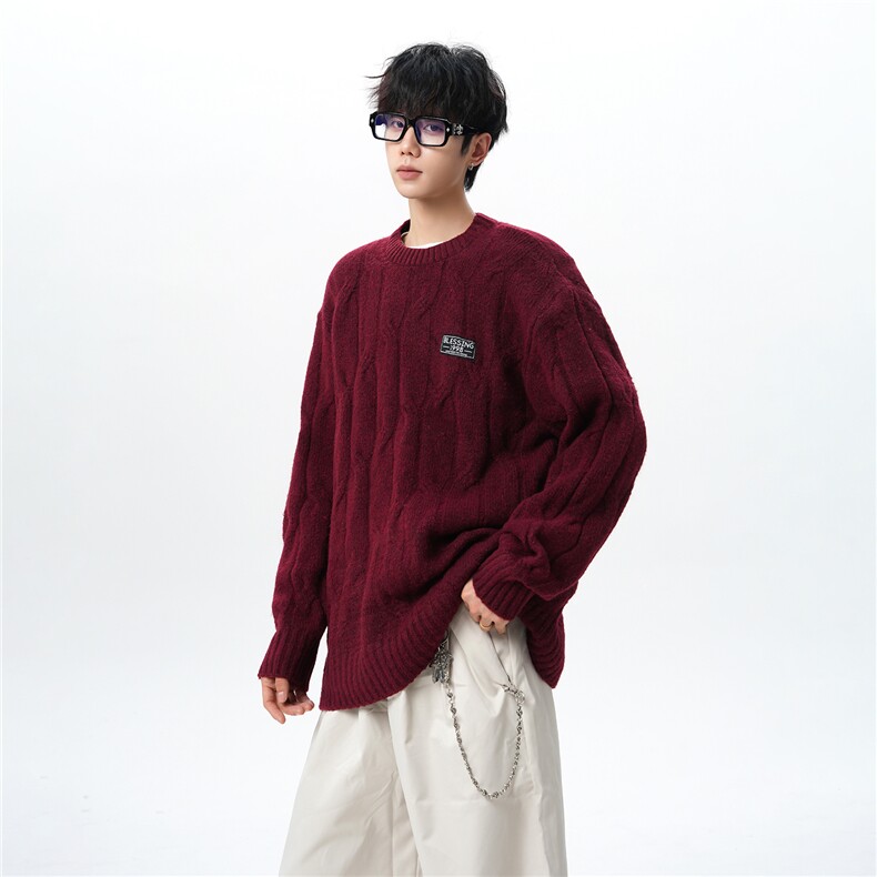 8XL-M圆领毛衣男秋冬慵懒风宽松情侣装麻花针织羊毛衫MY19004P68,男装针织衫/毛衣,电商B312