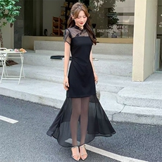 蕾丝拼接网纱连衣裙女夏季新款气质女人味中长款裙子中国2025，女装连衣裙，玖莱伊