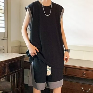 W331-P45 冰丝运动套装2025夏季男生酷帅一套休闲短裤背心两件套图片