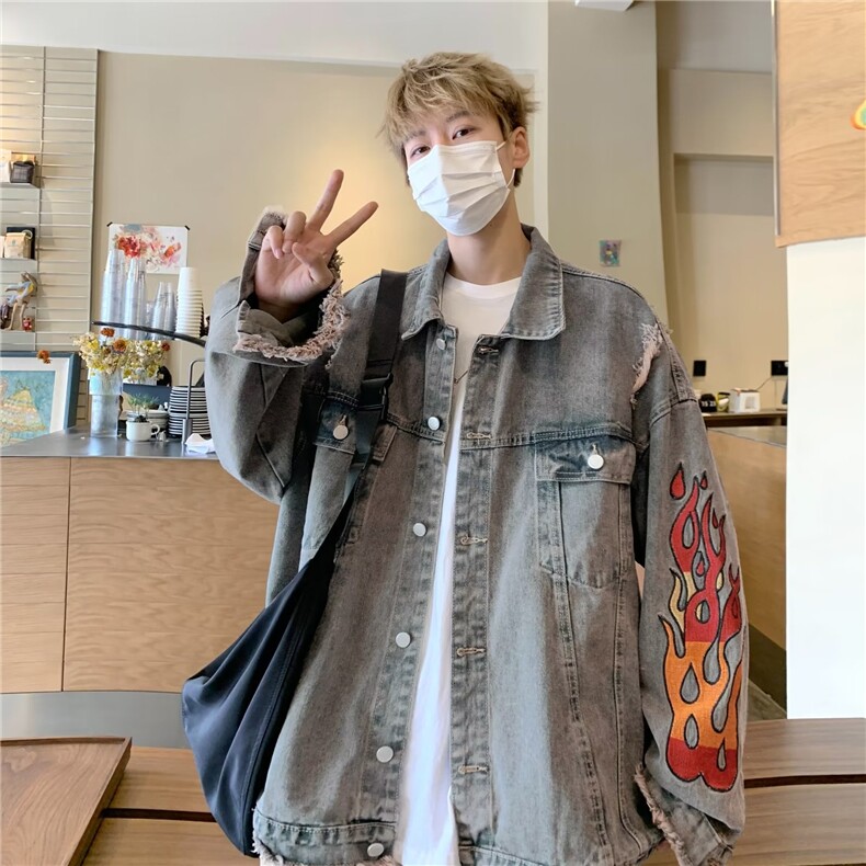 牛仔外套男生秋季新款水洗破坏毛边火焰刺绣高街夹克女J8322-P68,男装夹克,星座1008