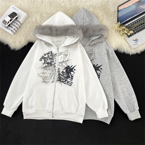 港风秋款男女连帽开衫卫衣扎染刺绣印花毛领夹克外套WY051 P58图片