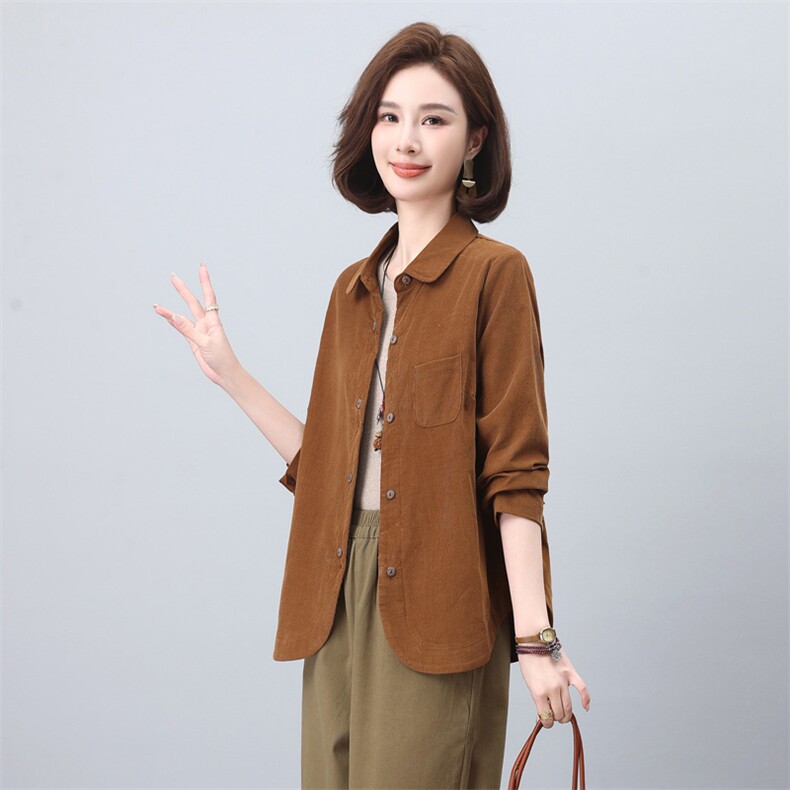 灯芯绒衬衫女2025夏季新款上衣中年妈妈春秋薄款外套长袖条绒衬衣,女装衬衫,涵誉