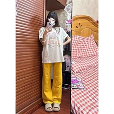 牛仔裤女2025新款夏季美式高街复古黄色休闲窄版直筒阔腿裤子潮流，男装牛仔裤，星座506A