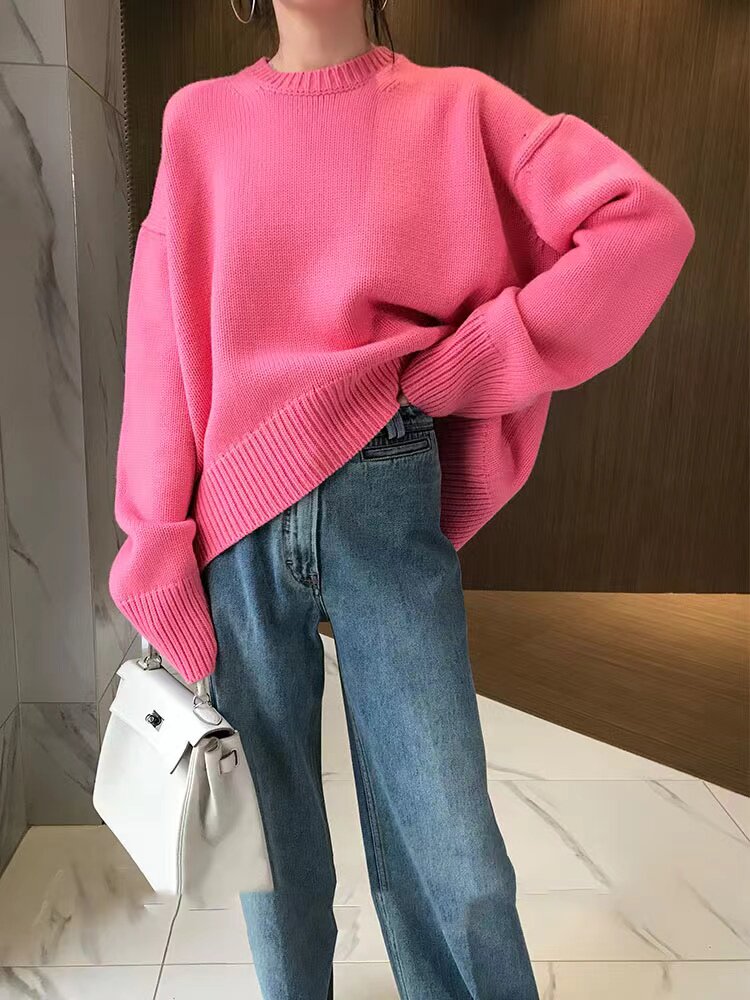 重磅加厚圆领女宽松显瘦慵懒风百搭针织衫打底毛衣,针织衫/毛衣,半城羊绒