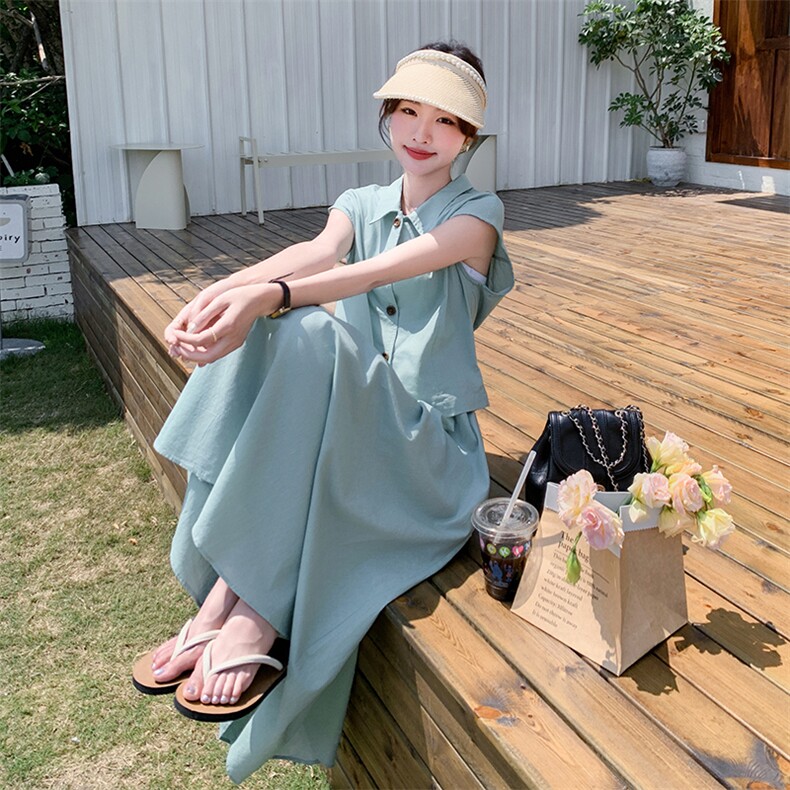 法式复古气质牛仔马甲上衣套装女2025夏季新款显瘦半身长裙两件套,女装套装/套裙,2C095