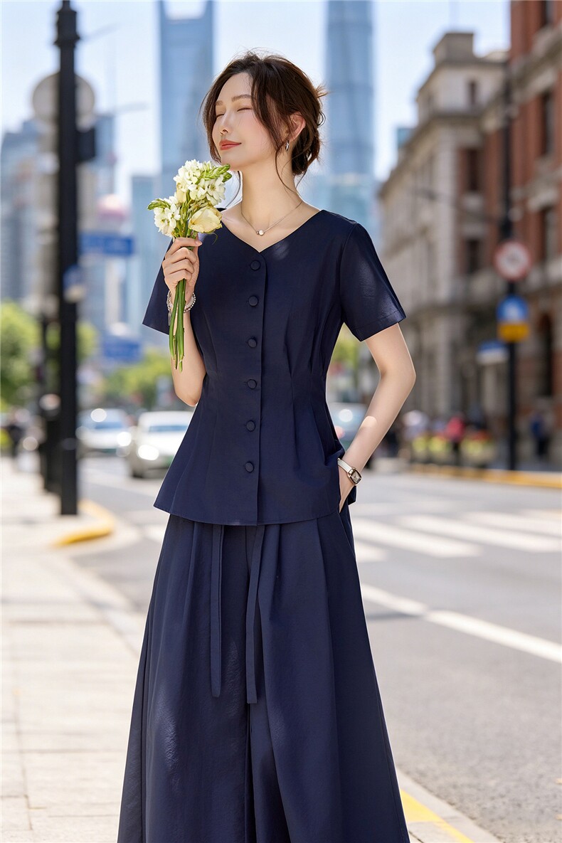 休闲时尚阔腿裤套装女夏装2026年新款收腰显瘦减龄气质干练两件套,女装套装/套裙,水衣源