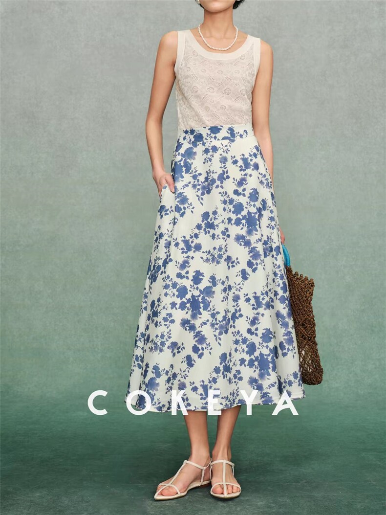 青花瓷高腰显瘦A字半身裙大摆长款伞裙，女装半身裙，湘姗