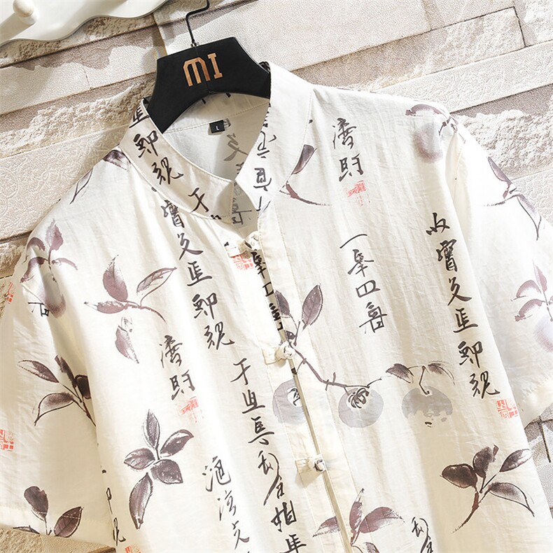 新中式短袖衬衫男士夏季薄款宽松风盘扣印花衬衣男款7009P40,男装衬衫,电商A056