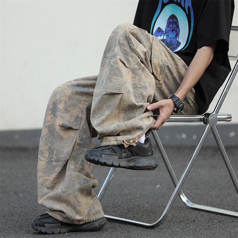 美式复古迷彩工装裤男抽绳休闲裤夏季设计感宽松长裤子K0113-P53,男装休闲裤,星座308B-1