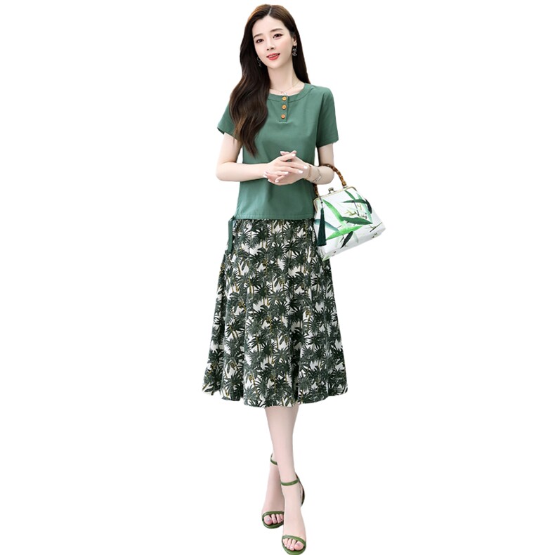 棉麻连衣裙女夏2025新款小个子妈妈洋气时尚腰裙半身裙套装两件套,女装套装/套裙,牡丹诺