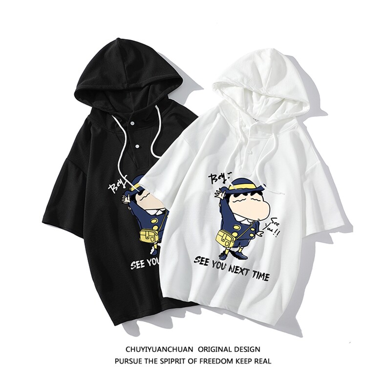 蜡笔小新连帽短袖t恤男大码胖子带帽五分袖中袖白底LD54240-P45,男装T恤,电商A040A