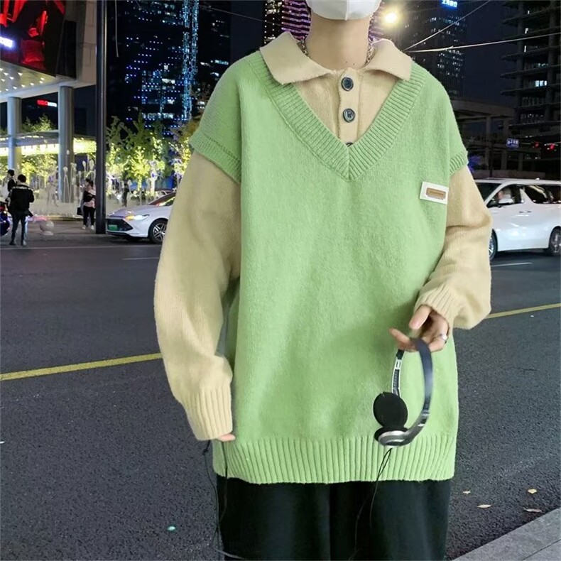 假两件polo领毛衣男冬款韩系慵懒风外套宽松学院风针织衫GM234P53,男装针织衫/毛衣,星座1116-2