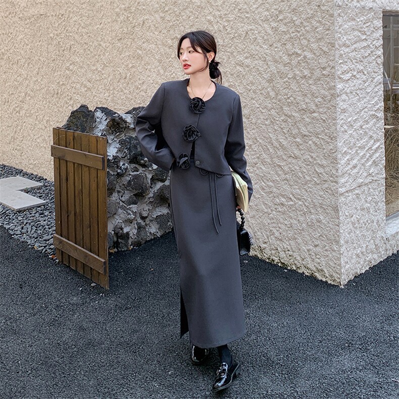 气质穿搭灰色套装裙女春秋2025新款超火高级感小西装半身裙两件套图片