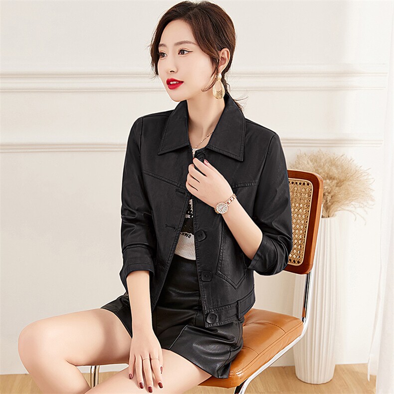 皮衣外套女2023年春季新款水洗皮机车服显瘦pu皮夹克韩版短外套潮,女装皮衣,江南女神
