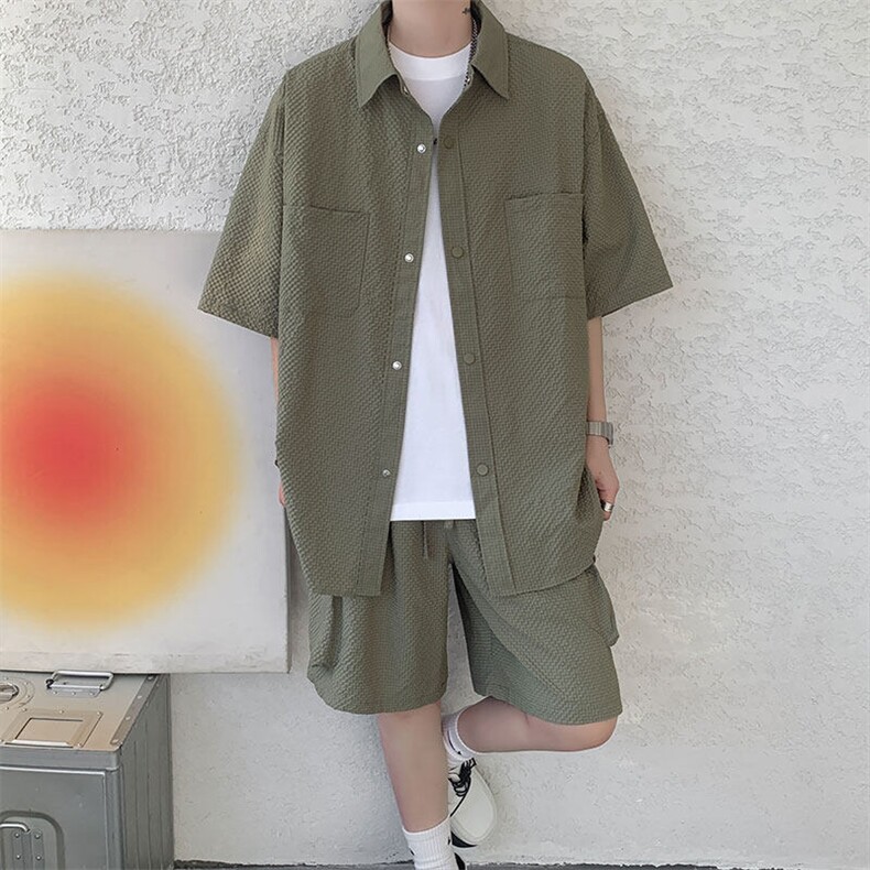 已下单TZ771-特批52 控88新款速干肌理感短袖衬衫短裤T恤大码套装图片