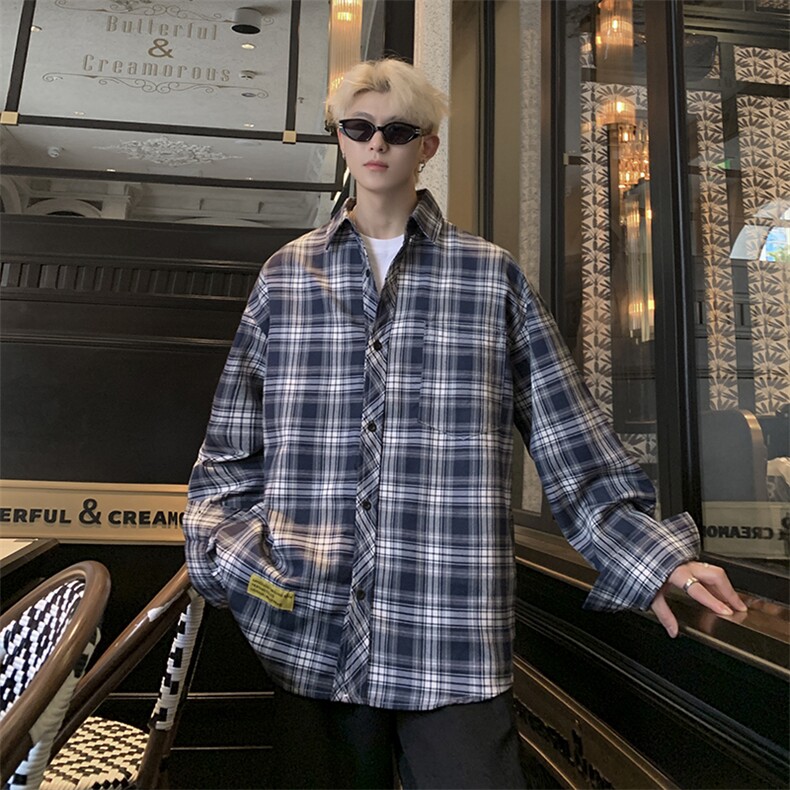 港风大码美式复古贴袋格子翻领长袖衬衫男XZ213-CS8805-P55控68,男装衬衫,星座213