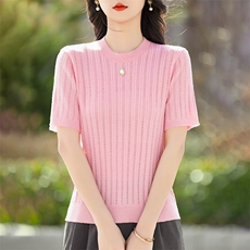 2025春夏新款精纺羊毛女士圆领麦穗花纹T恤套头显瘦时尚针织短袖，女装针织衫/毛衣，鹿一羊绒