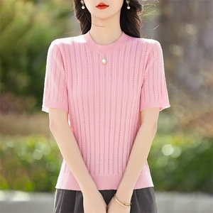 2025春夏新款精纺羊毛女士圆领麦穗花纹T恤套头显瘦时尚针织短袖图片