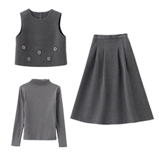 DLM2026春装新款毛呢马甲A版立体定花朵半身裙三件套装洋气套裙，女装套装/套裙，朵莱米