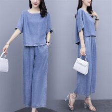 时尚牛仔套装女夏2025年夏季新款女装气质夏天坠感阔腿裤两件套裤，商品下架区，芷墨服饰