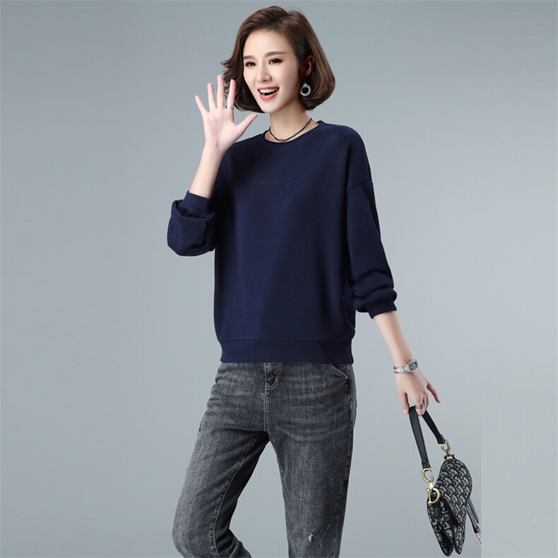 长袖卫衣女2021春秋装新款套头短款纯色40-49周岁圆领宽松单件上衣,女装卫衣/绒衫,伊满意