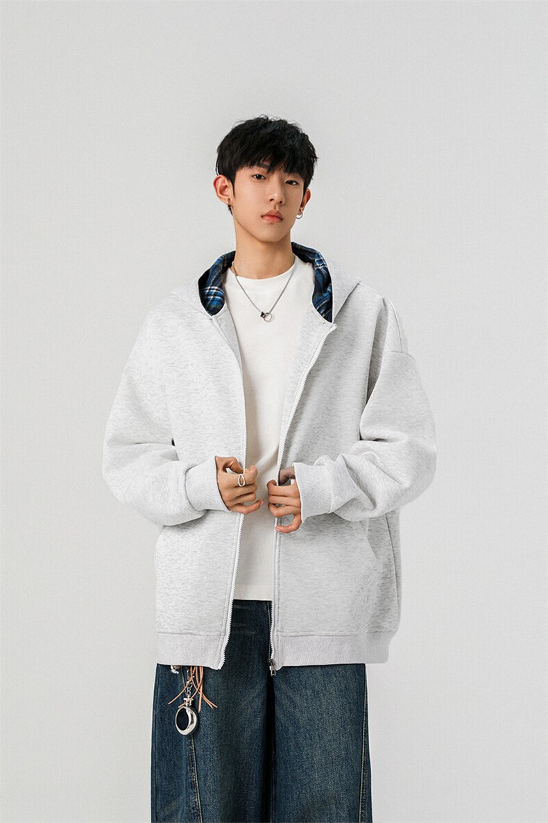 特批P40无差价春季格子拼接连帽开衫卫衣男宽松百搭打底上衣W5006,男装卫衣,电商A001