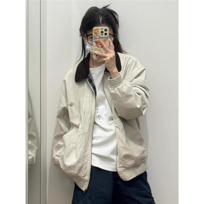 P56网络图JK7789小马丁纯棉双层外套米白色M到2XL,女装短外套,星座506A
